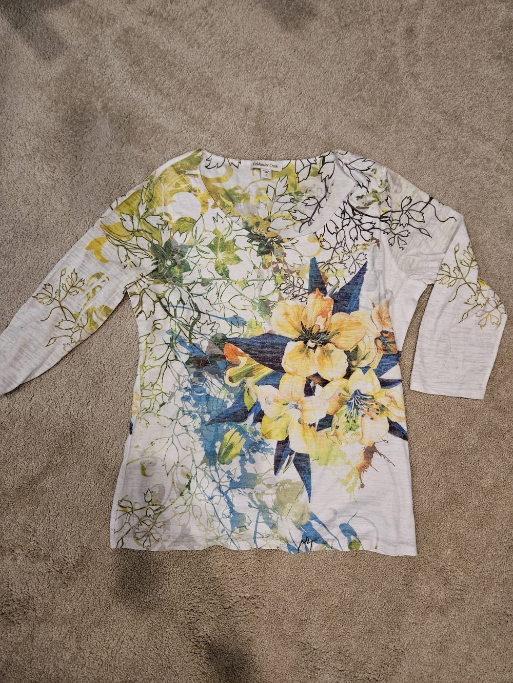 Coldwater Creek Yellow & Blue Floral Scoop Neck Long Sleeve Top Size L